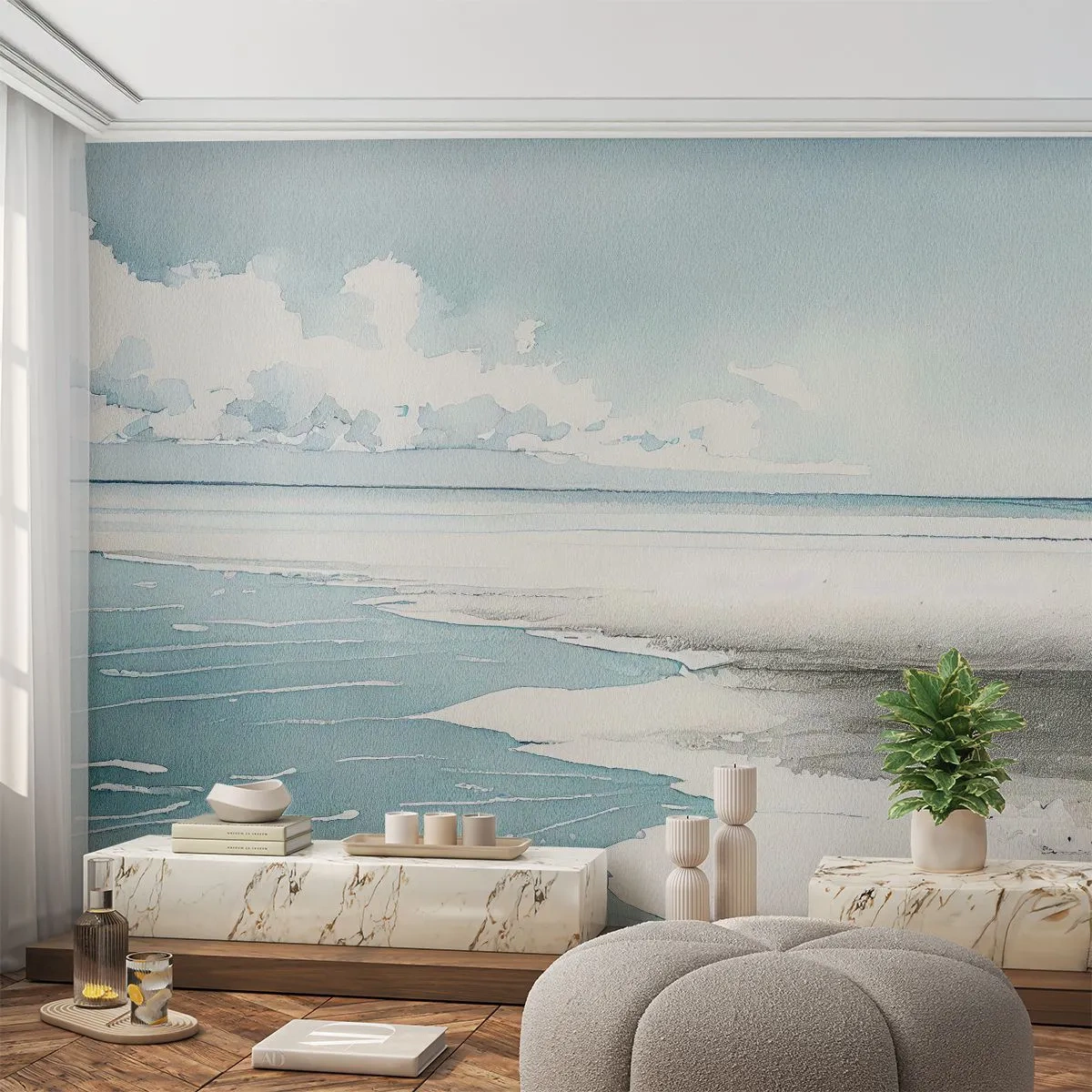 Papier Peint Photo Premium Sand - Mer bleue et plage blanche dans une composition à l'aquarelle - 100x70cm - Marée douce - Décoration murale moderne pour le salon et la chambre ARTTOR