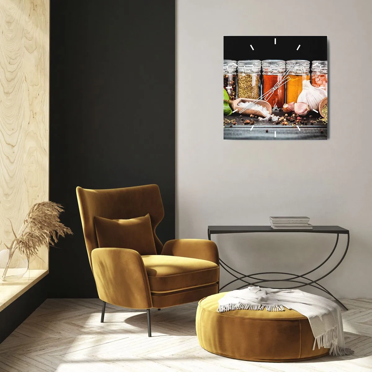 Horloge murale - Pendule murale - Herbes et épices dans des bocaux en verre sur fond sombre - 30x30cm - Pour que la vie ait du goût - Décoration murale moderne pour le salon et la chambre ARTTOR