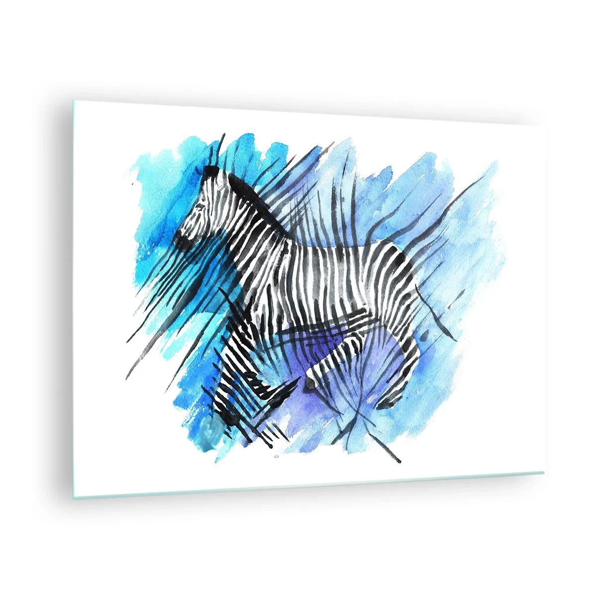 Impression sur verre - Image sur verre - Un zèbre dans une composition artistique à l'aquarelle sur fond bleu - 70x50cm - Caché dans les rayures - Décoration murale moderne pour le salon et la chambre ARTTOR