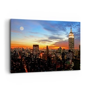 Impression sur toile - Image sur toile - Panorama de la ville avec des gratte-ciel illuminés au crépuscule - 100x70cm - Nuit américaine lumineuse - Décoration murale moderne pour le salon et la chambre ARTTOR