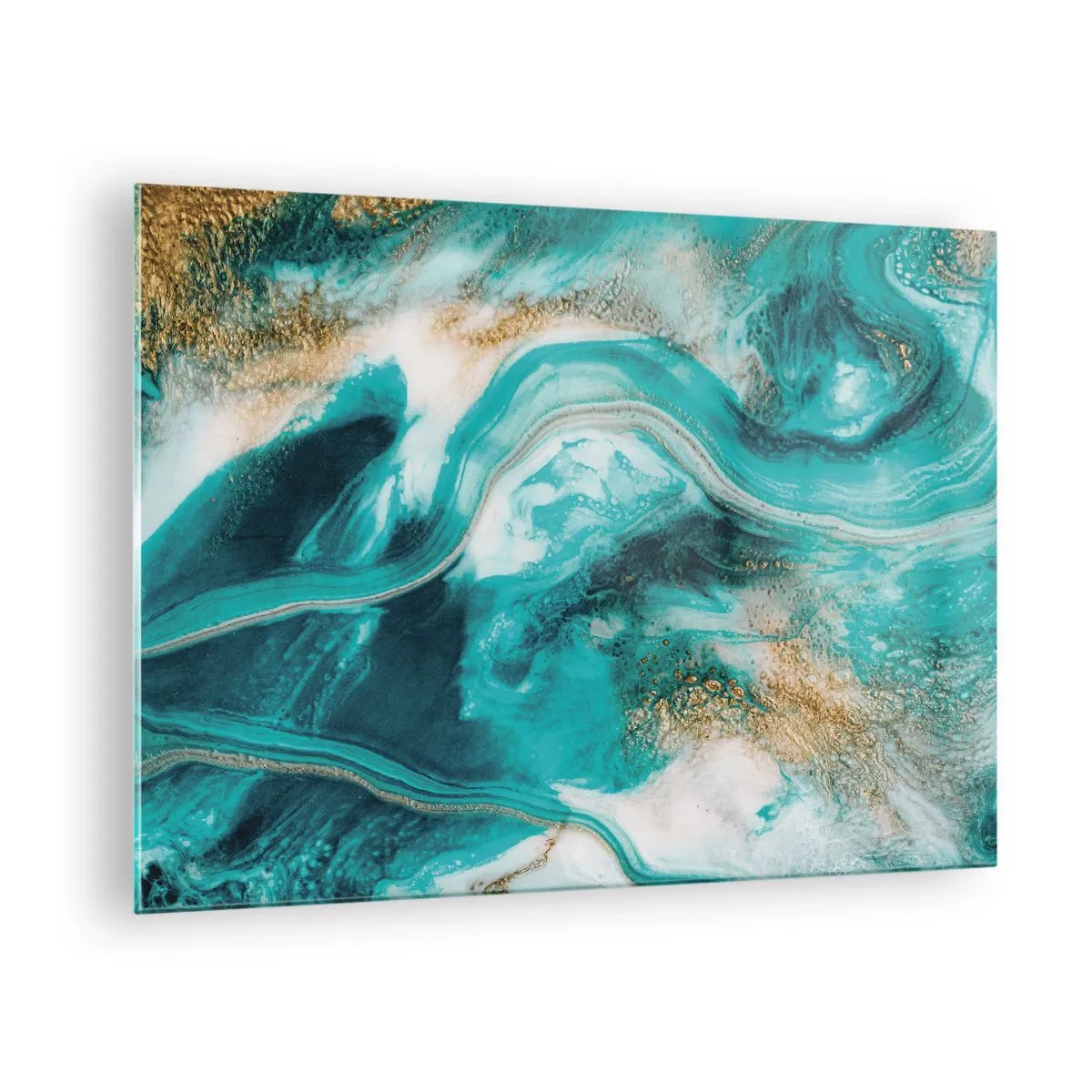 Impression sur verre - Image sur verre - Une composition abstraite en turquoise avec des accents dorés. - 70x50cm - Rivière d'or - Décoration murale moderne pour le salon et la chambre ARTTOR