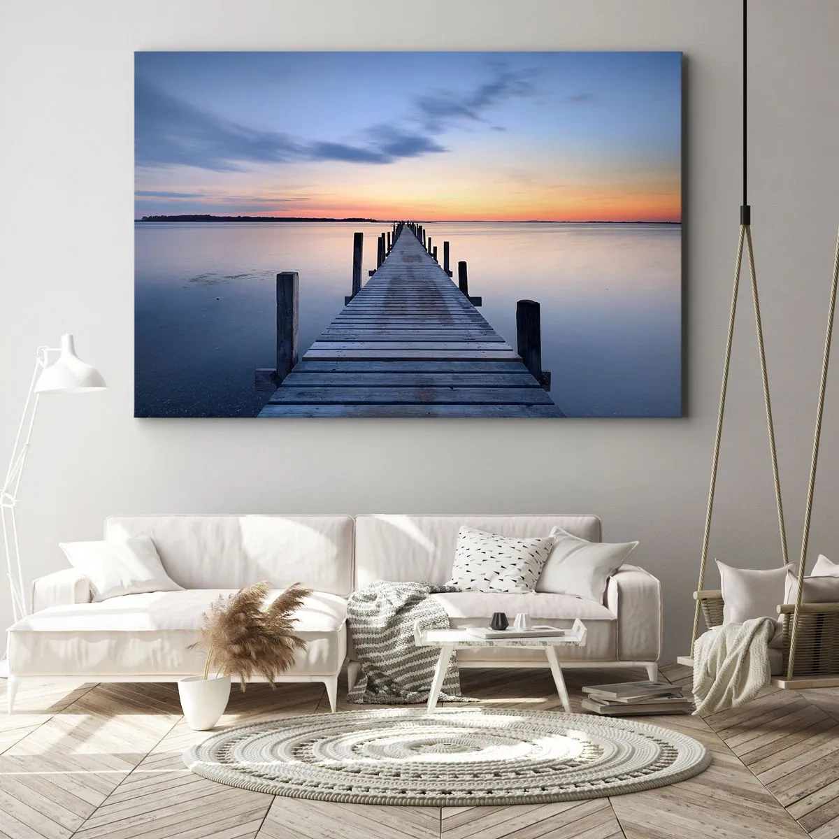 Impression sur toile - Image sur toile - Jetée en bois sur le lac au coucher du soleil - 120x80cm - Le calme d'un crépuscule serein - Décoration murale moderne pour le salon et la chambre ARTTOR