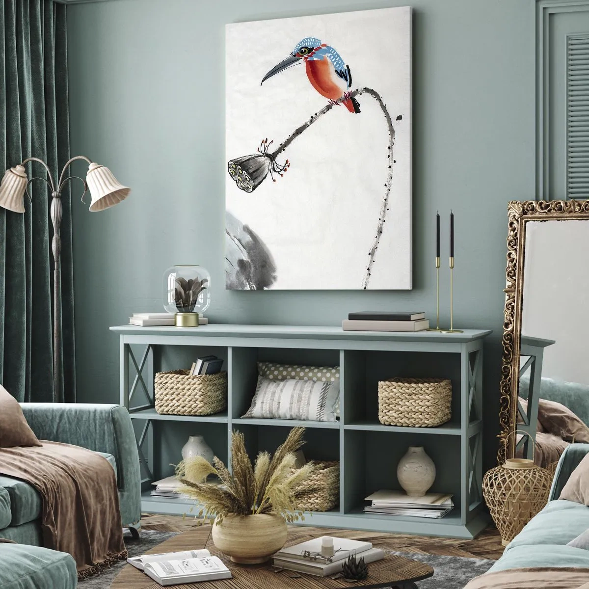 Impression sur toile - Image sur toile - Un oiseau coloré sur fond de végétation et une libellule - 80x120cm - La vie du champ - Décoration murale moderne pour le salon et la chambre ARTTOR