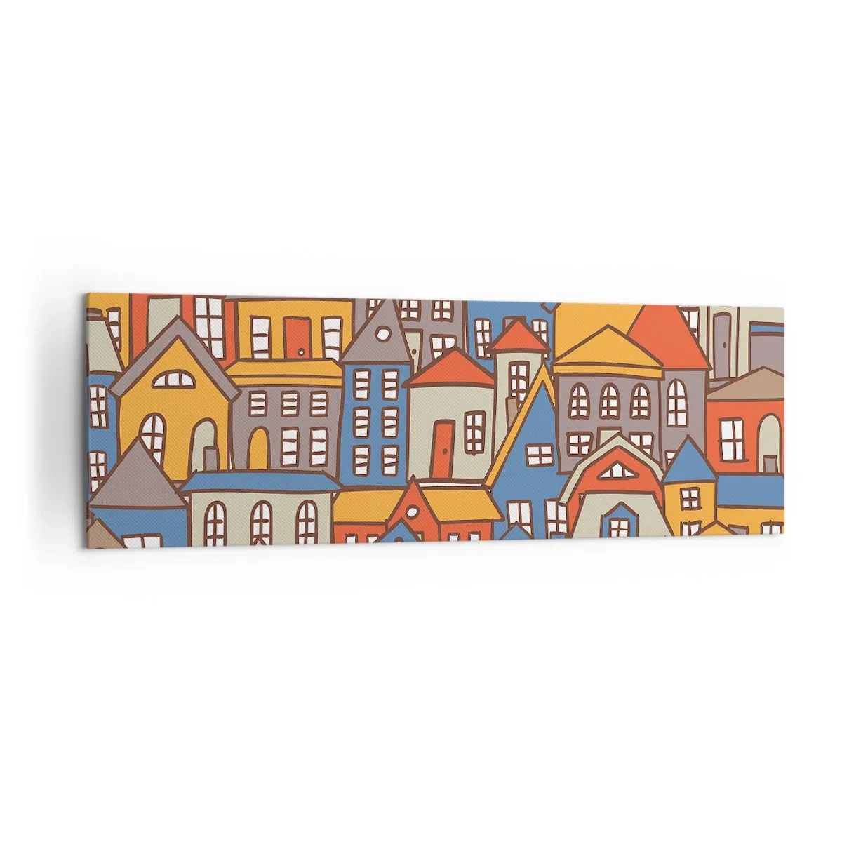Impression sur toile - Image sur toile - Maisons colorées dans un style graphique sur fond clair - 160x50cm - Derrière la maison, une maison - Décoration murale moderne pour le salon et la chambre ARTTOR