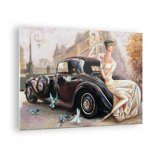 Impression sur verre - Image sur verre - Femme élégante à côté d'une voiture rétro dans un cadre urbain - 70x50cm - L'élégance dans un style rétro - Décoration murale moderne pour le salon et la chambre ARTTOR
