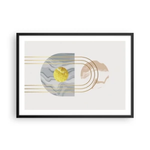 Affiche dans un cadre noir - Poster - Composition abstraite avec des cercles et des lignes dorées sur fond clair. - 70x50cm - Clareté et brillance - Décoration murale moderne pour le salon et la chambre ARTTOR