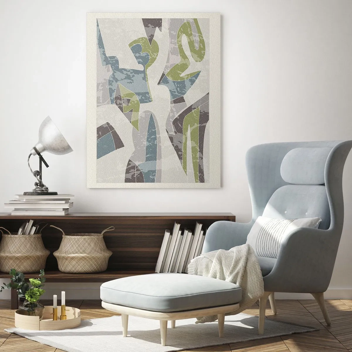 Impression sur verre - Image sur verre - Formes abstraites en vert et bleu sur fond clair - 70x100cm - Composition derrière la vitre - Décoration murale moderne pour le salon et la chambre ARTTOR