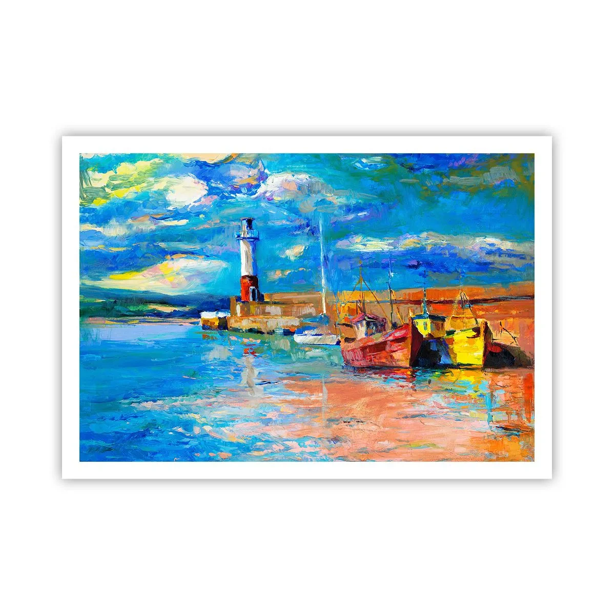 Affiche - Poster - Port de pêche avec bateaux et phare aux couleurs vives - 100x70cm - Un après-midi dans la baie arc-en-ciel - Décoration murale moderne pour le salon et la chambre ARTTOR