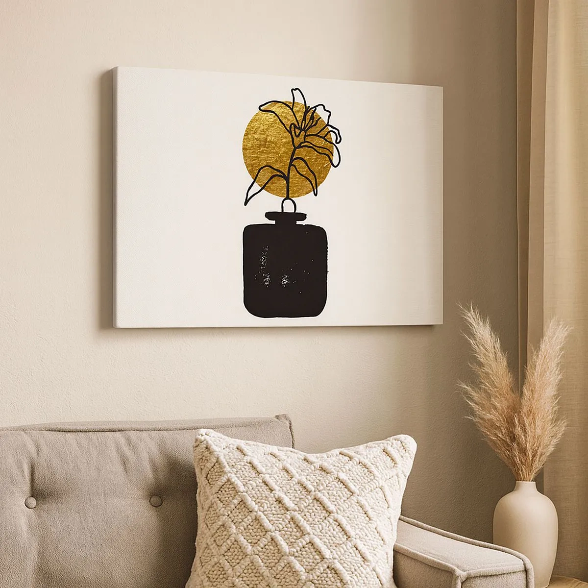Impression sur toile - Image sur toile - Un dessin d'une fleur dans un vase sur un fond de cercle doré - 70x50cm - La beauté vaut son pesant d'or - Décoration murale moderne pour le salon et la chambre ARTTOR