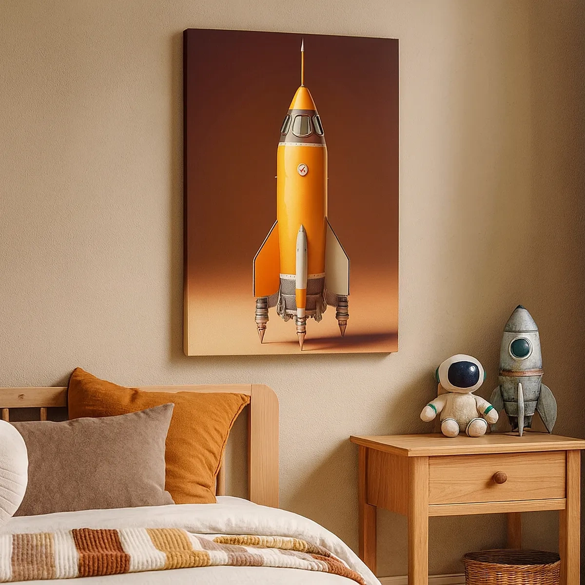 Impression sur toile - Image sur toile - Une fusée de style rétro sur un fond de tons marron - 50x70cm - Ça commence par un rêve - Décoration murale moderne pour le salon et la chambre ARTTOR