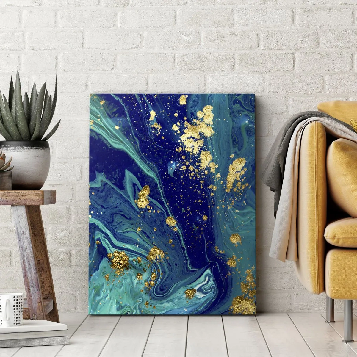 Impression sur toile - Image sur toile - Une composition abstraite avec des accents bleus, verts et dorés. - 50x70cm - Les pétales du soleil - Décoration murale moderne pour le salon et la chambre ARTTOR