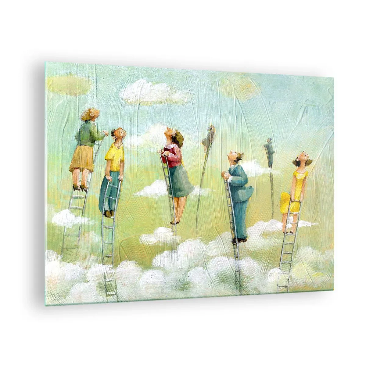 Impression sur verre - Image sur verre - Des personnages grimpant aux échelles parmi les nuages - 70x50cm - Derrière ton rêve - Décoration murale moderne pour le salon et la chambre ARTTOR