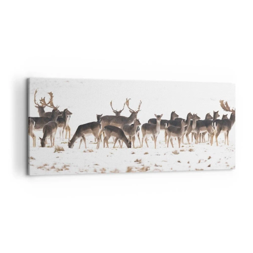 Impression sur toile - Image sur toile - Un troupeau de cerfs sur fond de neige - 120x50cm - Les fêtes approchent ? - Décoration murale moderne pour le salon et la chambre ARTTOR
