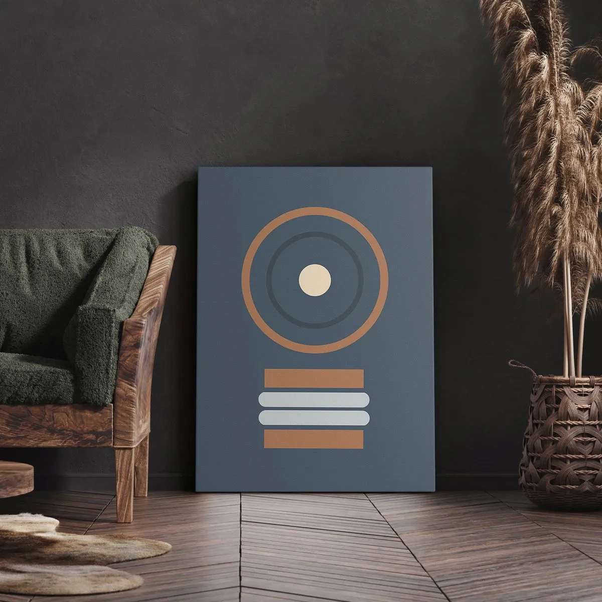 Impression sur toile - Image sur toile - Une composition géométrique avec des cercles et des rectangles aux couleurs sobres. - 80x120cm - Essence des choses - Décoration murale moderne pour le salon et la chambre ARTTOR