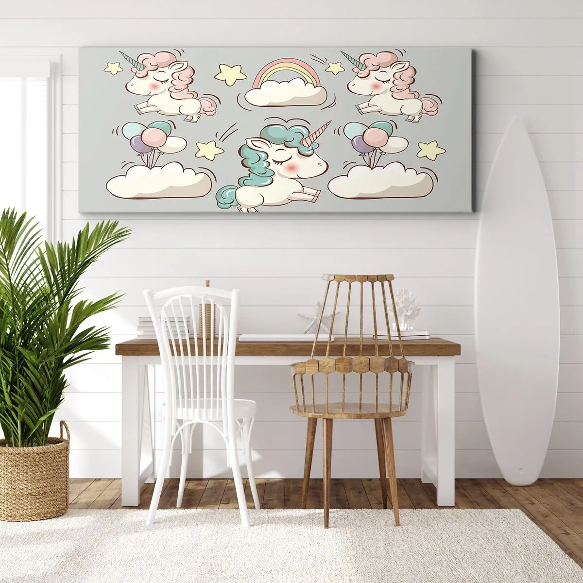 Impression sur toile - Image sur toile - Licornes mignonnes sur fond pastel - 140x50cm - Ils existe, c'est sûr… - Décoration murale moderne pour le salon et la chambre ARTTOR