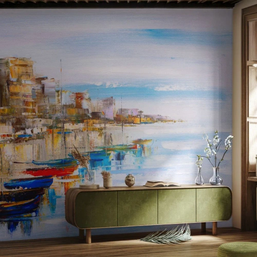 Papier Peint Photo Premium Sand - Un havre urbain multicolore - Paysage, port, Bord de mer - 200x140 cm