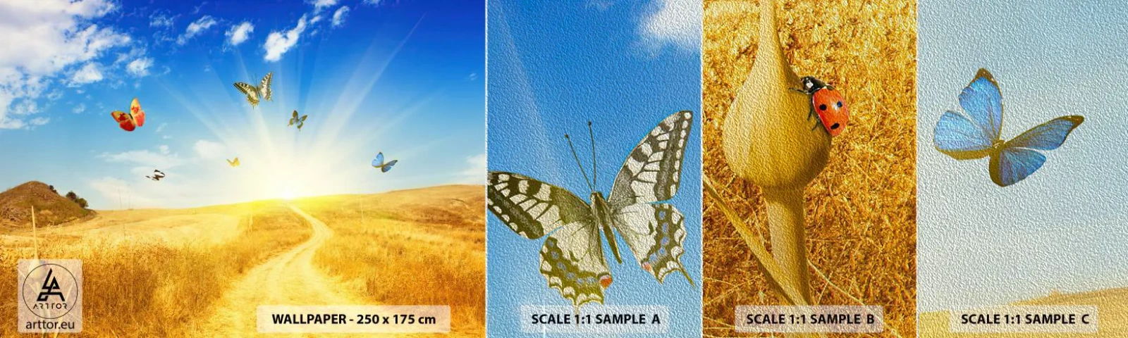 Échantillon de Papier Peint Premium Sand - Et comment ne pas aimer l'été ? - Paysage, Papillons, Nature - 100x30 cm