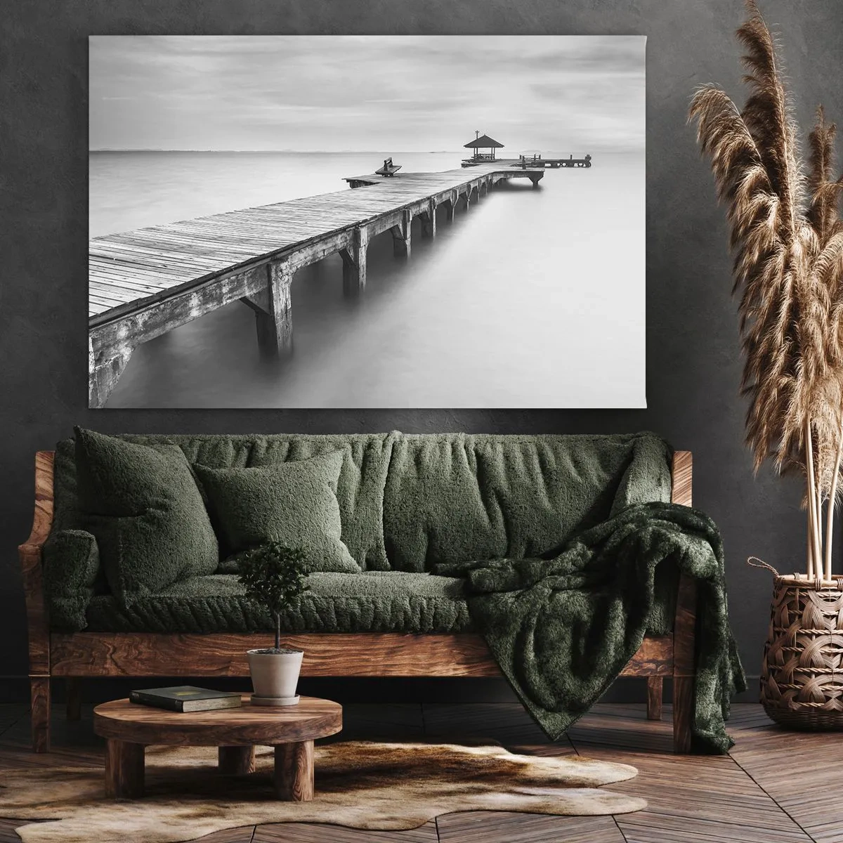 Impression sur toile - Image sur toile - Une vue en noir et blanc d'une jetée en bois sur une eau calme. - 100x70cm - À l'horizon - Décoration murale moderne pour le salon et la chambre ARTTOR