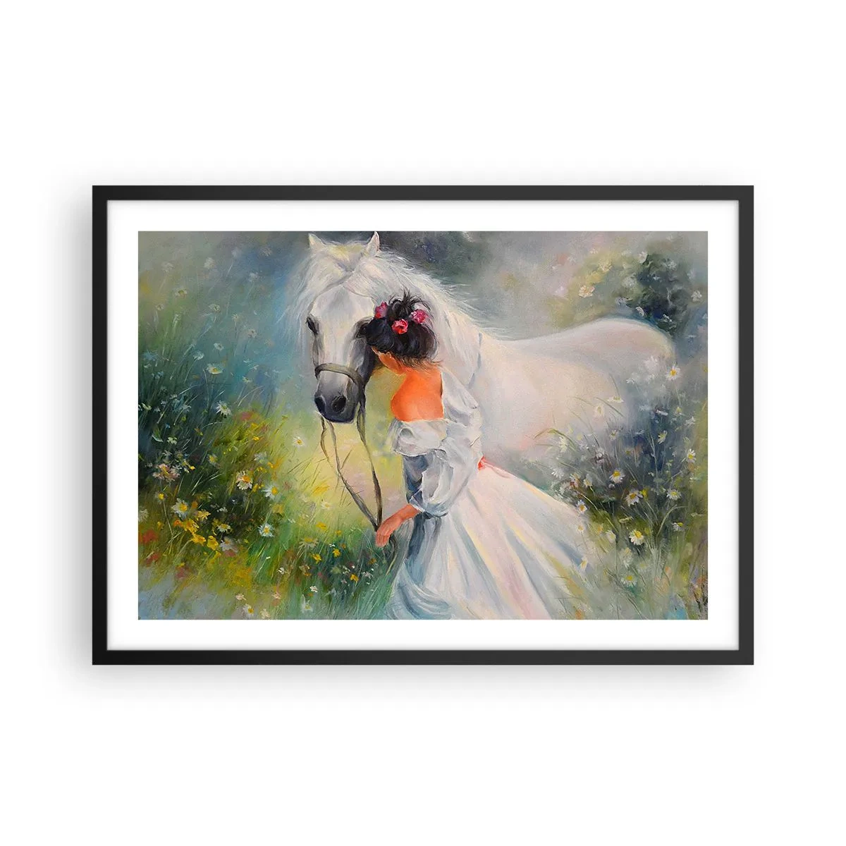Affiche dans un cadre noir - Poster - Une femme avec un cheval blanc dans un cadre pittoresque - 70x50cm - Comme dans un beau rêve - Décoration murale moderne pour le salon et la chambre ARTTOR