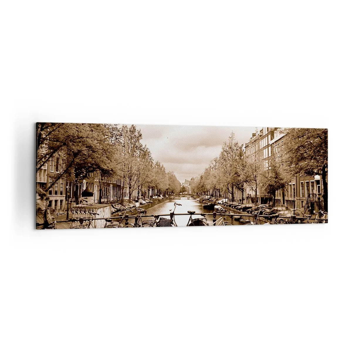 Impression sur toile - Image sur toile - Pont cyclable sur le canal en sépia - 160x50cm - Ambiance hollandaise - Décoration murale moderne pour le salon et la chambre ARTTOR