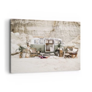 Impression sur toile - Image sur toile - Un camping-car rétro au design bohème sur fond de paysage rocheux. - 120x80cm - Il est temps de commencer le voyage - Décoration murale moderne pour le salon et la chambre ARTTOR