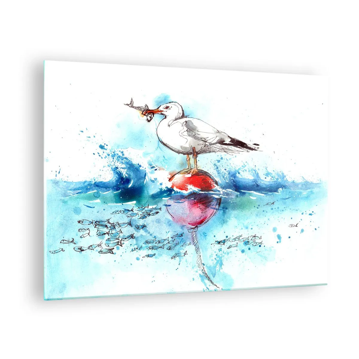 Impression sur verre - Image sur verre - Une mouette sur une bouée avec un poisson en arrière-plan des vagues de la mer - 70x50cm - Prise réussie - Décoration murale moderne pour le salon et la chambre ARTTOR