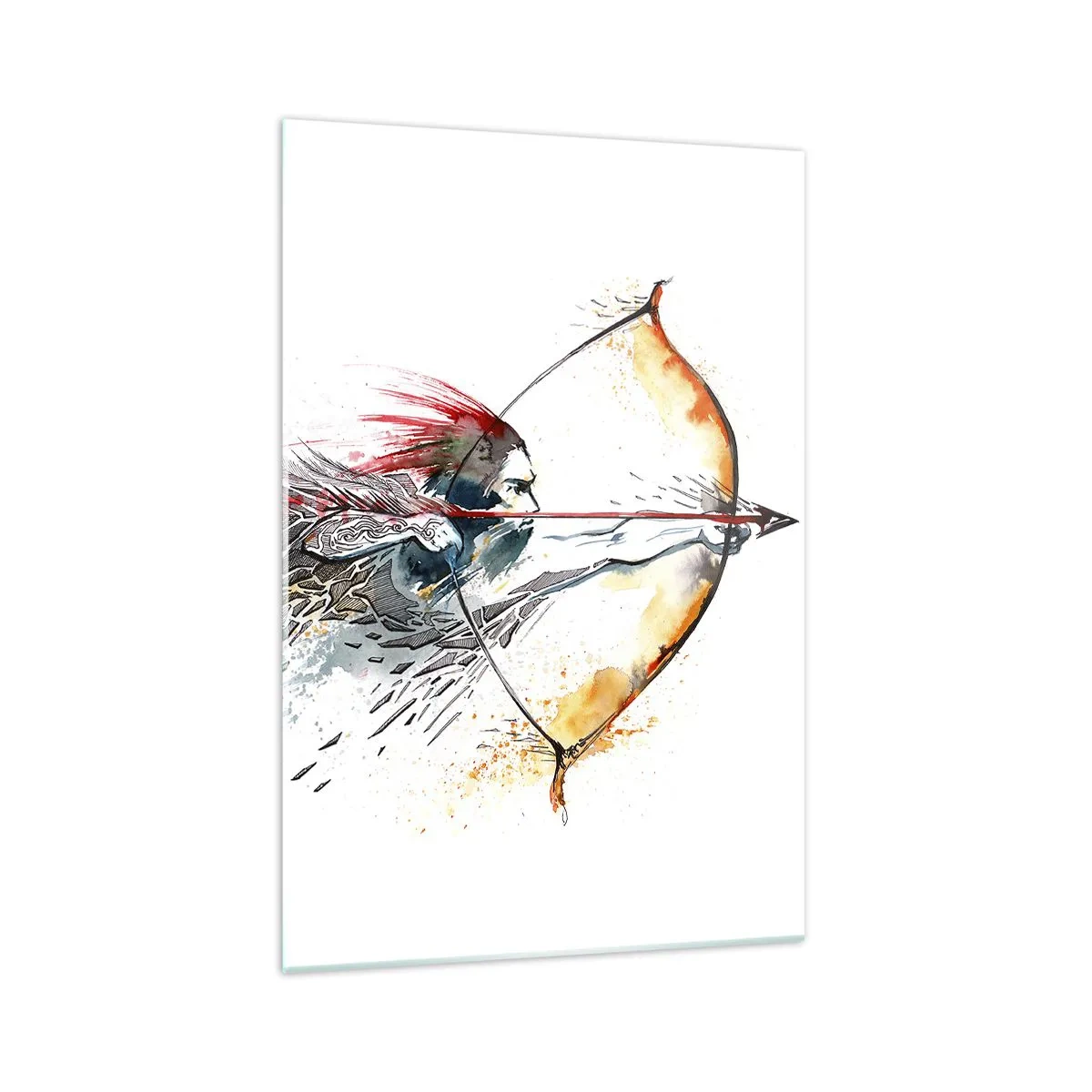 Impression sur verre - Image sur verre - Aquarelle dynamique d'un guerrier avec un arc et des flèches - 70x100cm - Guerrier mythique avec un arc de feu - Décoration murale moderne pour le salon et la chambre ARTTOR