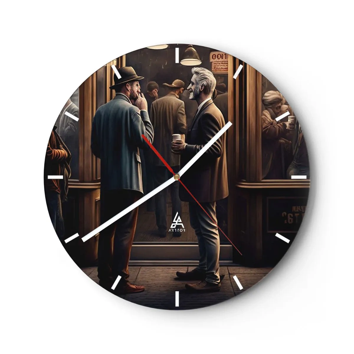 Horloge murale - Pendule murale - Deux hommes discutent autour d'un café devant un café - 30x30cm - Bon moment de la journée - Décoration murale moderne pour le salon, la cuisine et la chambre ARTTOR