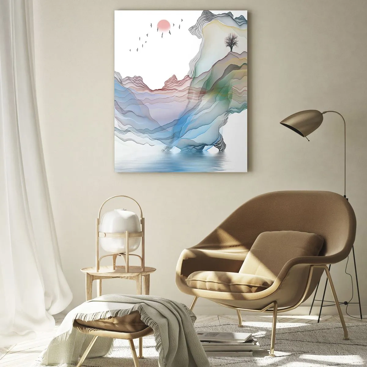 Impression sur verre - Image sur verre - Montagnes colorées avec un bateau sur l'eau dans un style aquarelle - 50x70cm - Vers les montagnes de cristal - Décoration murale moderne pour le salon et la chambre ARTTOR