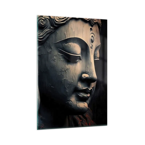 Impression sur verre - Image sur verre - Sculpture de Bouddha avec une fleur de lotus rouge - 80x120cm - En harmonie avec le monde - Décoration murale moderne pour le salon et la chambre ARTTOR