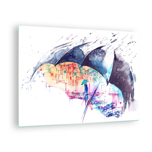 Impression sur verre - Image sur verre - Une ville colorée en arrière-plan sous un parapluie noir - 70x50cm - Se promener sous la pluie - Décoration murale moderne pour le salon et la chambre ARTTOR