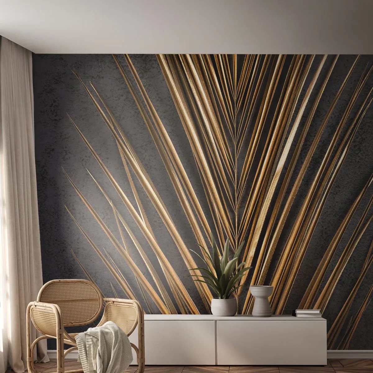 Papier Peint Photo Premium Sand - Feuille de palmier dorée sur fond sombre - 100x70cm - L'or des tropiques - Décoration murale moderne pour le salon et la chambre ARTTOR