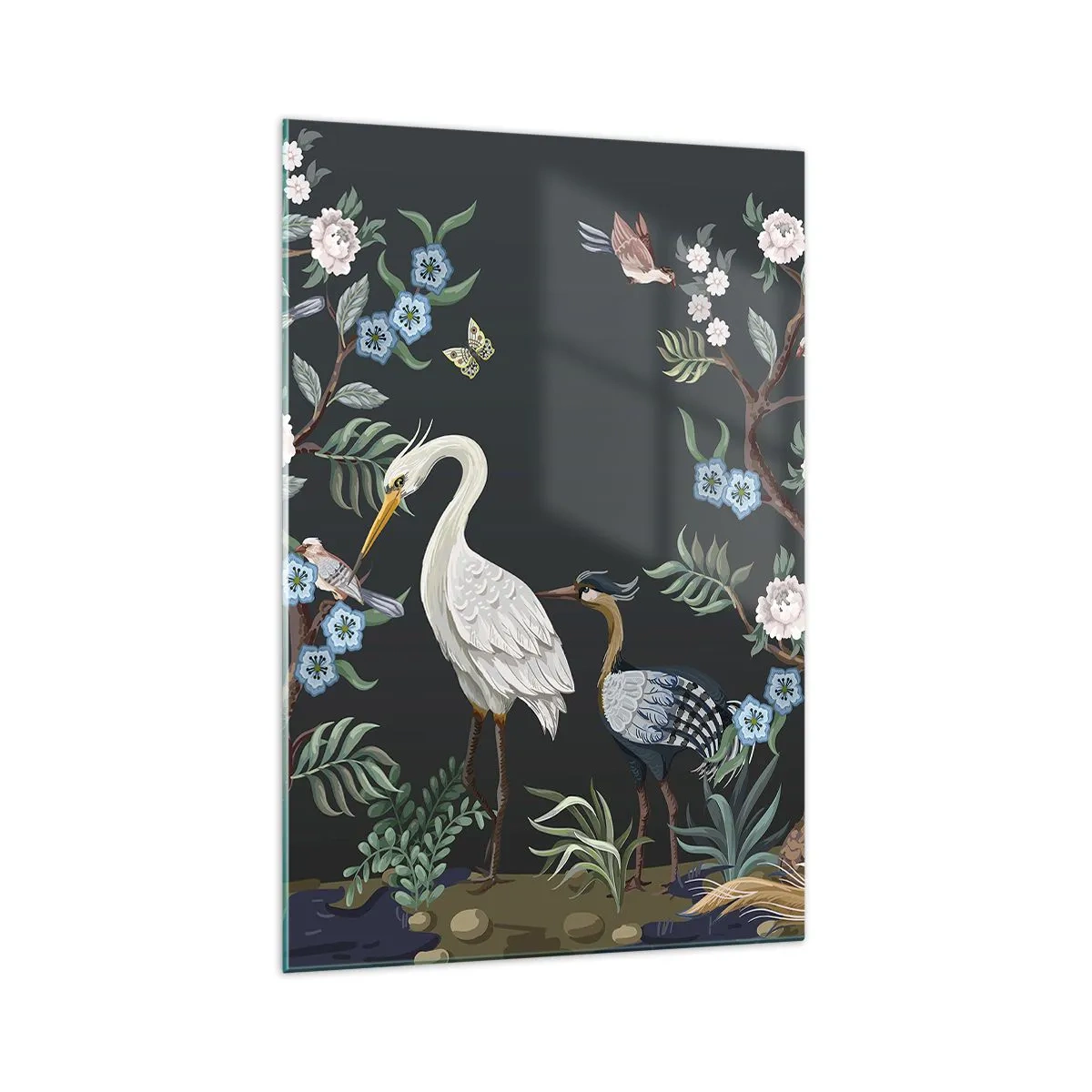 Impression sur verre - Image sur verre - Oiseaux et plantes peints sur un fond sombre avec un motif élégant - 70x100cm - Parade d'oiseaux - Décoration murale moderne pour le salon et la chambre ARTTOR