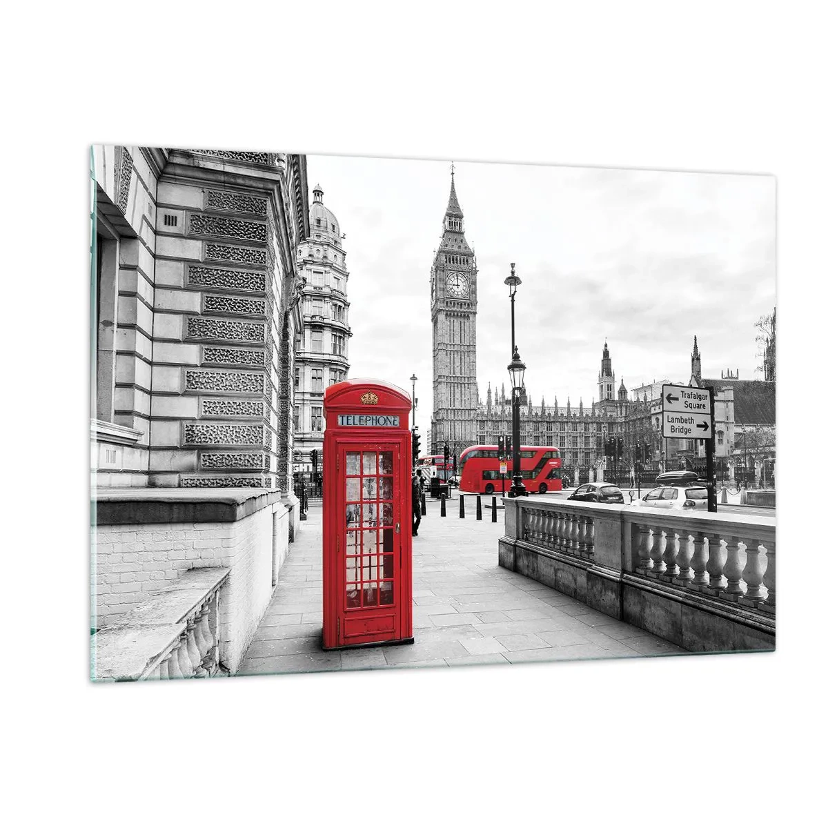 Impression sur verre - Image sur verre - Londres en noir et blanc avec une cabine téléphonique rouge et un bus - 120x80cm - Sans aucun doute Londres - Décoration murale moderne pour le salon et la chambre ARTTOR