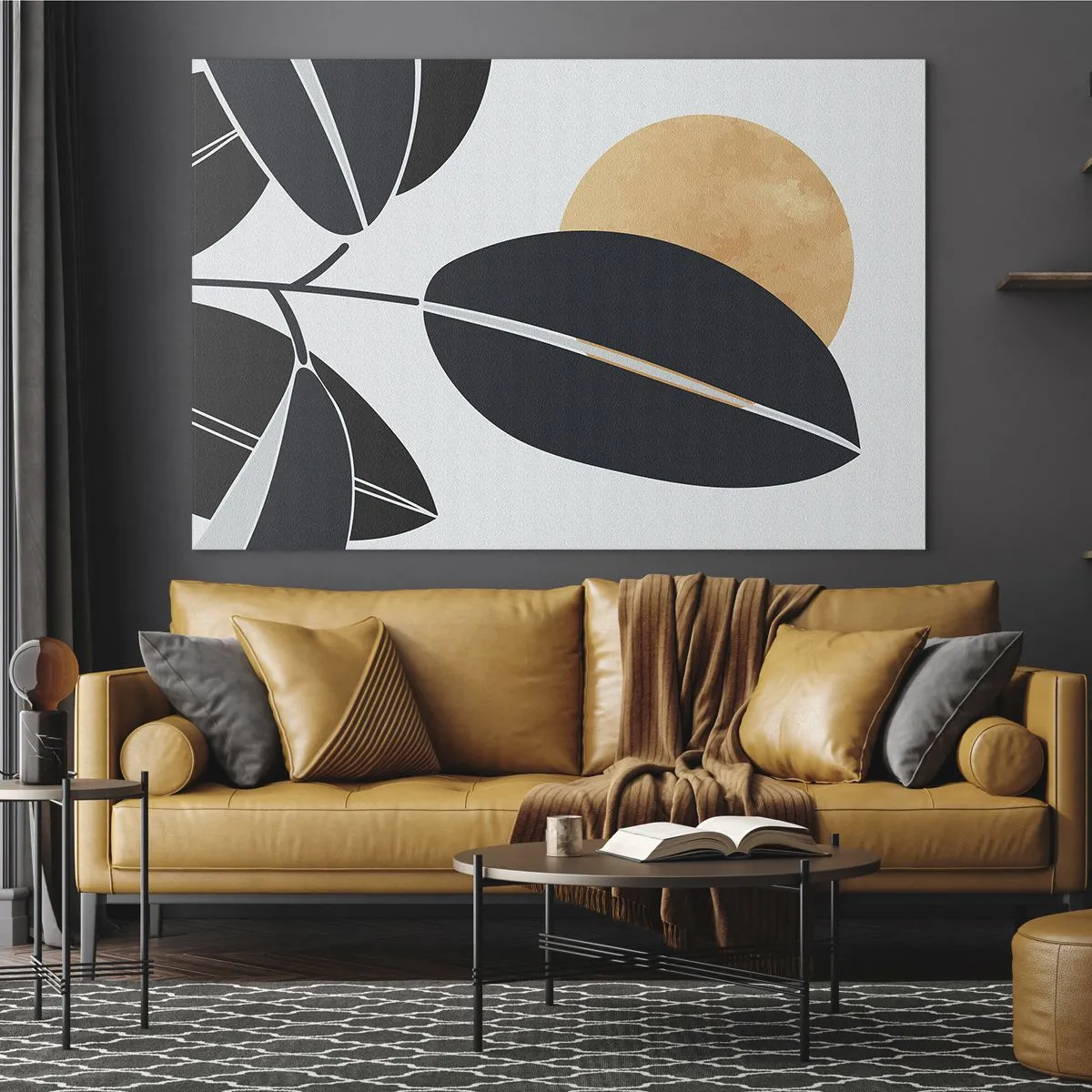 Impression sur verre - Image sur verre - Feuilles stylisées en noir avec un soleil orange en arrière-plan - 70x50cm - Une chaude journée d'été - Décoration murale moderne pour le salon et la chambre ARTTOR
