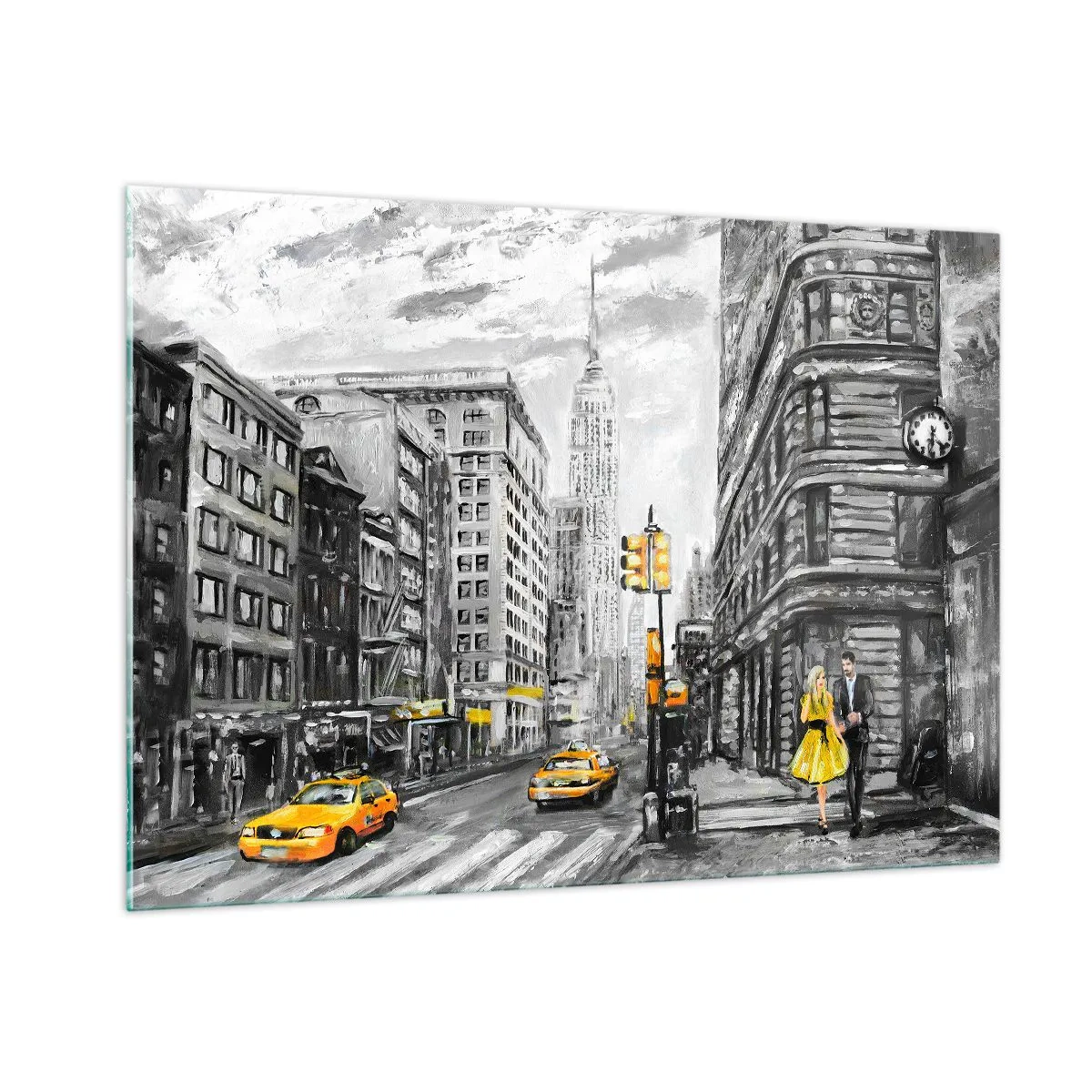 Impression sur verre - Image sur verre - Une illustration de la ville de New York dans des tons de noir et blanc avec des accents jaunes. - 100x70cm - Une histoire new-yorkaise - Décoration murale moderne pour le salon et la chambre ARTTOR