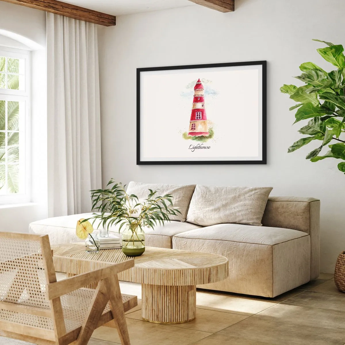 Affiche dans un cadre noir - Poster - Une aquarelle représentant un phare sur fond clair avec une inscription - 70x50cm - Il y a toujours beau temps autour - Décoration murale moderne pour le salon et la chambre ARTTOR