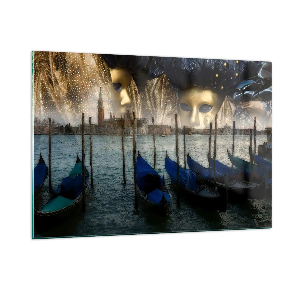Impression sur verre - Image sur verre - Venise avec gondoles et masques de carnaval - 120x80cm - Il est temps de commencer le carnaval - Décoration murale moderne pour le salon et la chambre ARTTOR