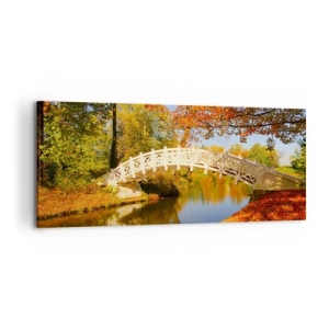 Impression sur toile - Image sur toile - Un pont dans un parc entouré de feuilles d'automne sur une eau calme - 120x50cm - Sur le pont blanc des soupirs - Décoration murale moderne pour le salon et la chambre ARTTOR