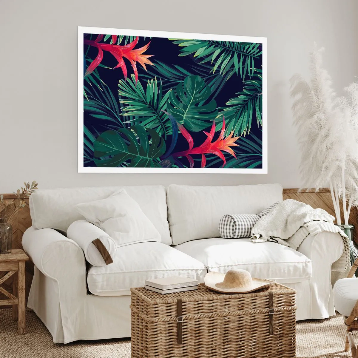 Affiche - Poster - Feuilles et fleurs tropicales sur fond sombre - 100x70cm - immergé dans la nature - Décoration murale moderne pour le salon et la chambre ARTTOR