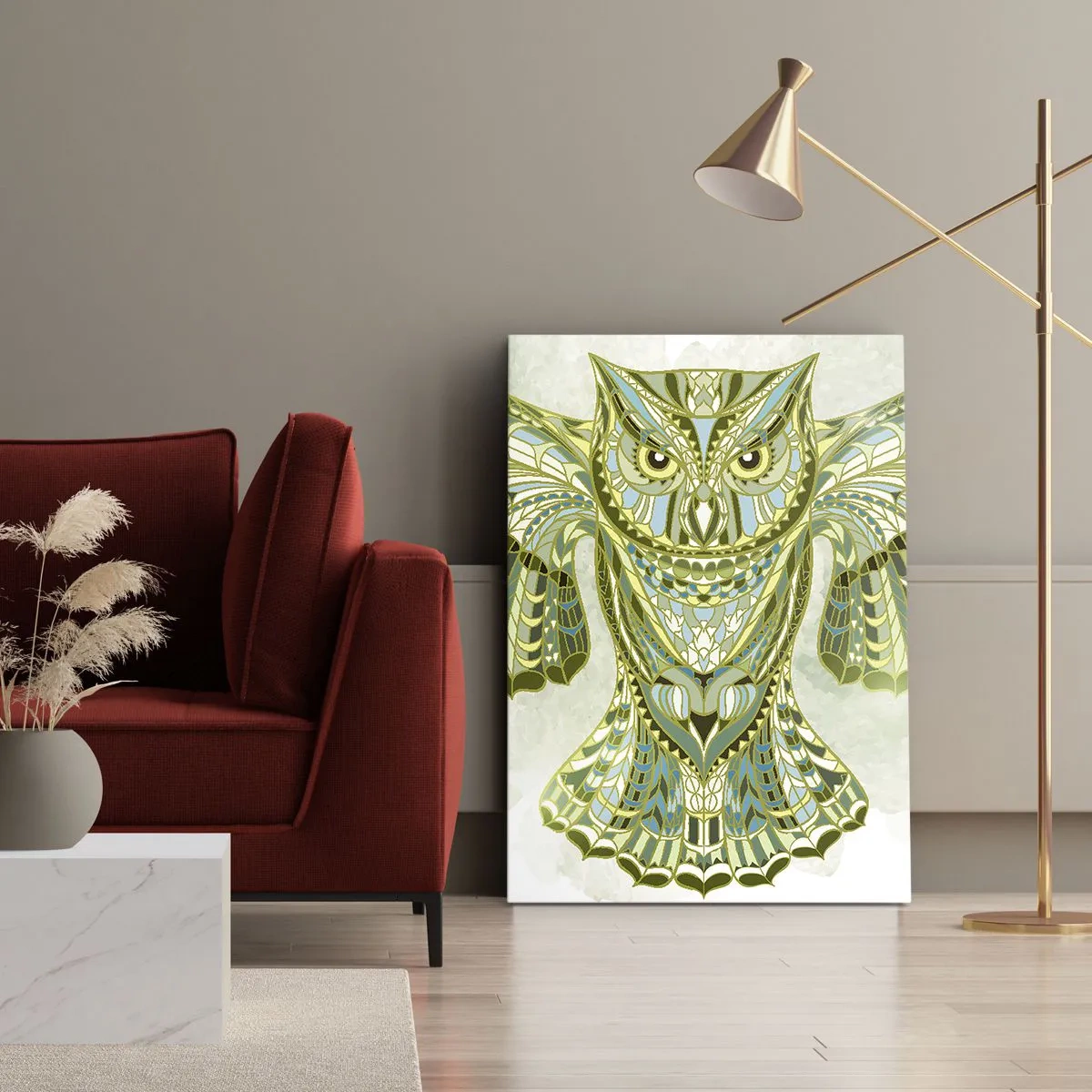 Impression sur toile - Image sur toile - Chouette décorative dans les tons de bleu - 50x70cm - D'un bosquet sacré celtique - Décoration murale moderne pour le salon et la chambre ARTTOR