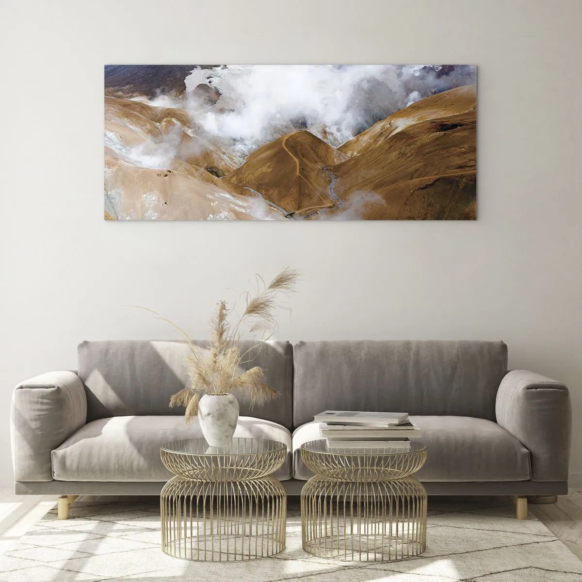 Impression sur verre - Image sur verre - Un paysage de montagne avec de la vapeur dans un climat rigoureux - 120x50cm - Le charme brut de l'Islande - Décoration murale moderne pour le salon et la chambre ARTTOR