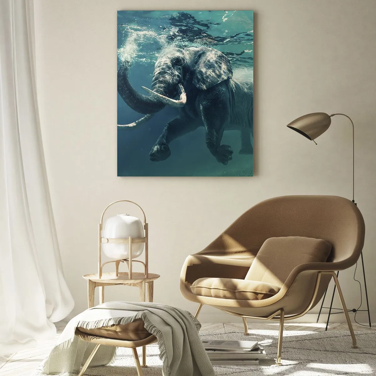Impression sur verre - Image sur verre - Un éléphant nageant sous l'eau dans les profondeurs turquoise - 70x100cm - Tout le monde aime nager - Décoration murale moderne pour le salon et la chambre ARTTOR