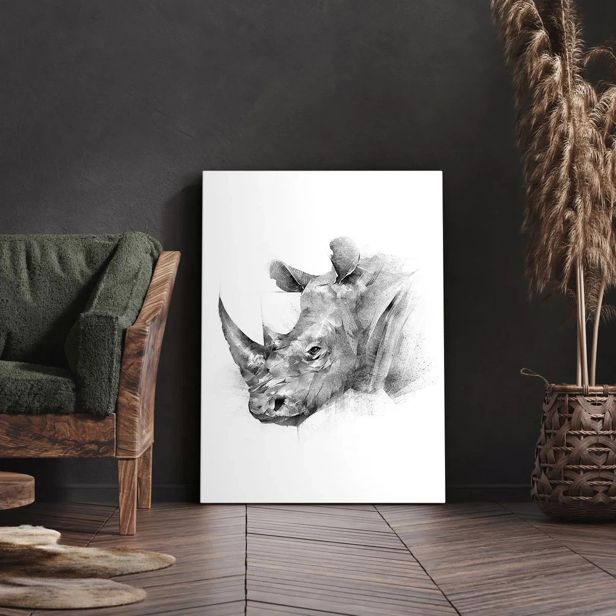 Impression sur toile - Image sur toile - Portrait artistique d'un rhinocéros en noir et blanc - 80x120cm - Potrait africain - Décoration murale moderne pour le salon et la chambre ARTTOR