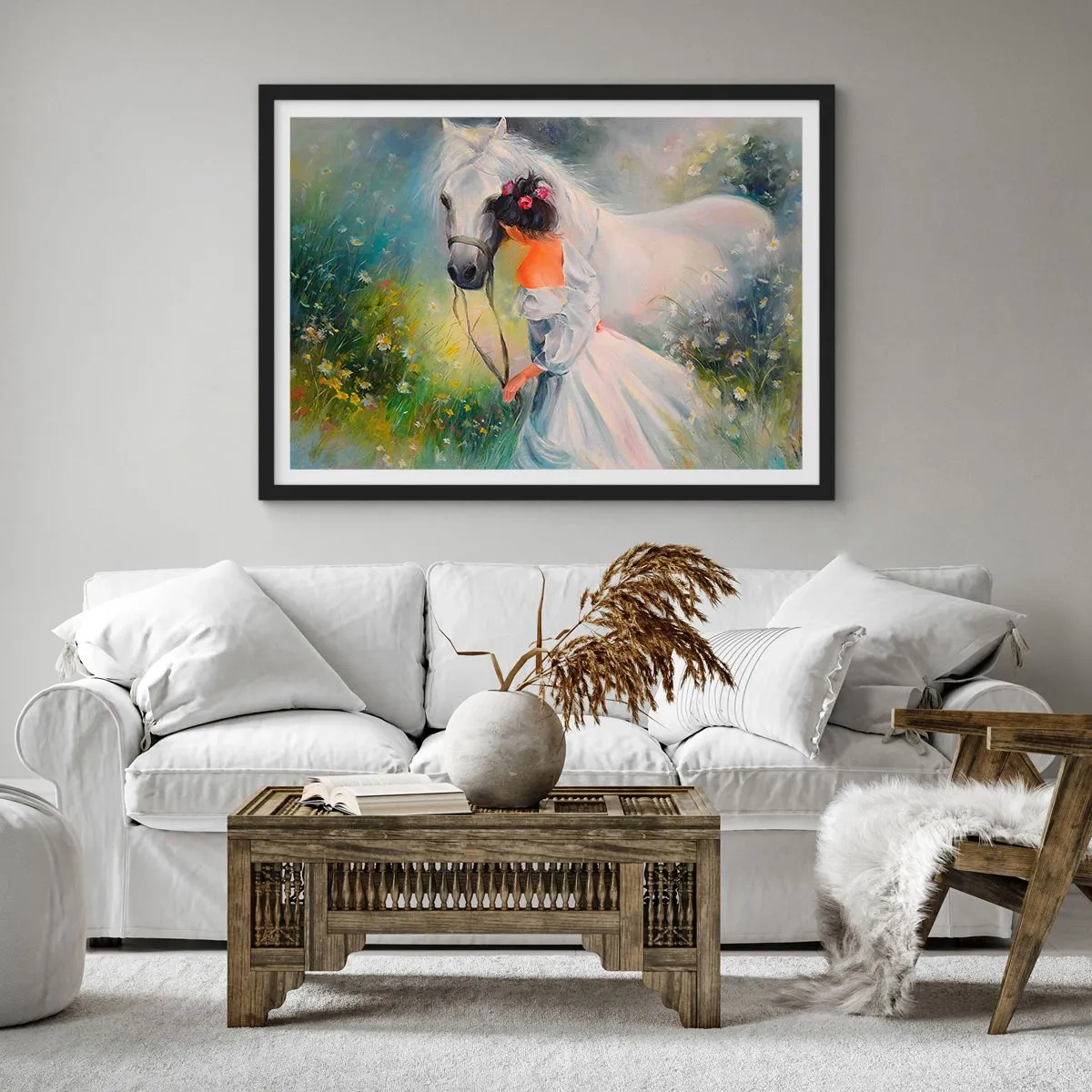 Affiche dans un cadre noir - Poster - Une femme avec un cheval blanc dans un cadre pittoresque - 70x50cm - Comme dans un beau rêve - Décoration murale moderne pour le salon et la chambre ARTTOR