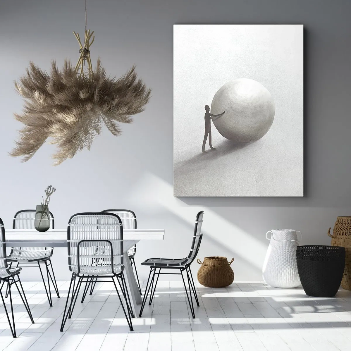 Impression sur toile - Image sur toile - Une figure minimaliste avec une balle sur un fond clair et monochrome. - 50x70cm - Jeu de la vie - Décoration murale moderne pour le salon et la chambre ARTTOR