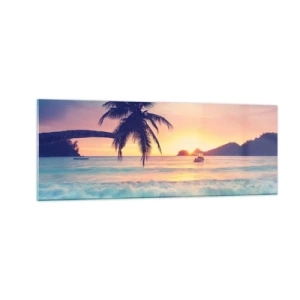 Impression sur verre - Image sur verre - Plage avec un palmier et un coucher de soleil sur l'océan - 140x50cm - Une soirée à la baie - Décoration murale moderne pour le salon et la chambre ARTTOR