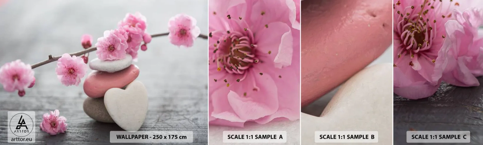 Échantillon De Papier Peint Standard Eco - Le bonheur avec une fleur de cerisier - Cœur, Fleur, Des pierres - 100x30 cm
