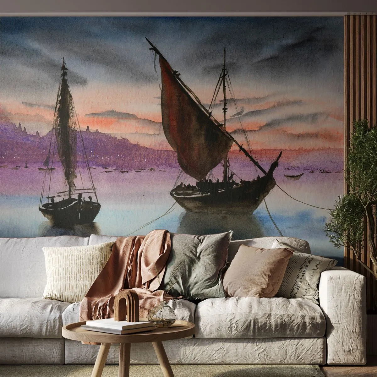 Papier Peint Photo Premium Sand - Soirée au port - Voiliers, Bord de mer, Paysage - 100x70 cm