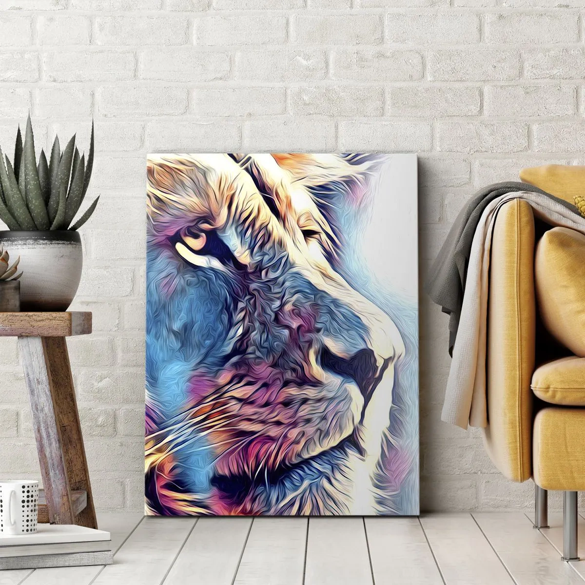 Impression sur toile - Image sur toile - Portrait d'un lion aux couleurs vives et abstraites - 50x70cm - L'intelligence de la nature - Décoration murale moderne pour le salon et la chambre ARTTOR